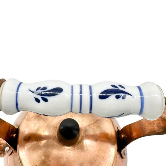 Vintage Copper Tea Kettle With Porcelain and Wooden Interchangeable Handles - Picture 5 of 9